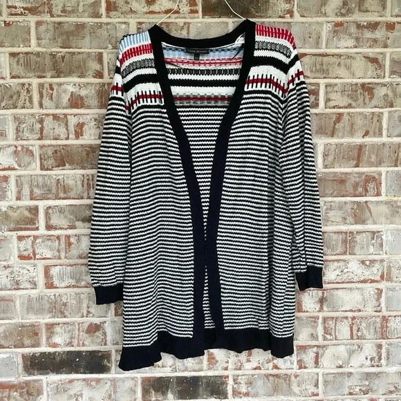 Retrology Sweaters - Retrology Striped Rayon Polyester Open Lapel Cardigan Sweater